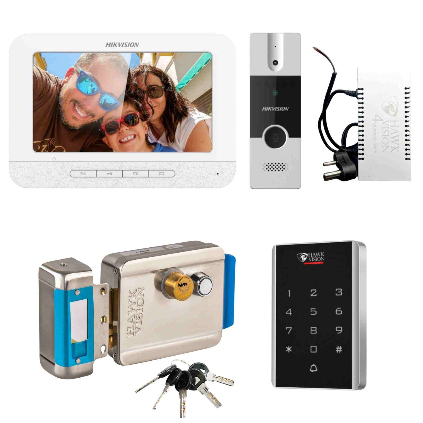 Hikvision KIS-204T Villa Analog Video Door Phone + Hawk Vision Electronic Lock +Hawk Vision Access Control + Hawk Vision 4 CH SMPS