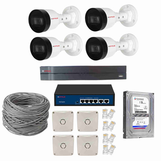 CP Plus 4 Channel NVR with 2MP IP 4 Bullet Cameras CP-UNC-TA21PL3C-V3 with Audio Recording + 1 TB HDD + Cat6 100 meter Cable + 4 Port POE Switch + 3M HDMI Cable + Junction Box 4 Pc & RJ45 8 Pc Full Combo Kit