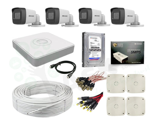 HIKVISION 4 Channel DVR with 2MP 4 Bullet Cameras + CONSISTENT 500 HDD + RODEL (3+1) Cable roll + HAWKVISION 4 CH Power Supply + Askmesolutions junction box 4x4 + BNC & DC + HDMI 1.5mtr Cable Full Combo Kit