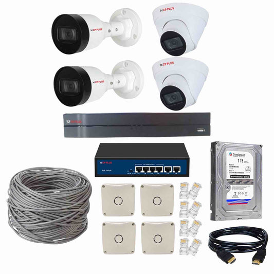 CP Plus 4 Channel NVR with 2MP IP 2 Bullet CP-UNC-TA21PL3 & 2 Dome Cameras CP-UNC-DA21PL3 + 1 TB HDD + Cat6 100 meter Cable + 4 Port POE Switch + 3M HDMI Cable + Junction Box 4 Pc & RJ45 8 Pc Full Combo Kit