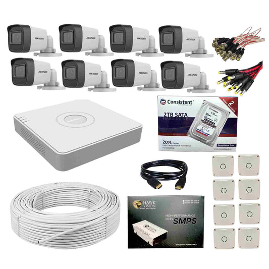 Hikvision 8 Channel DVR with 5MP 8 Bullet Cameras DS-2CE16H0T-ITPFS with Audio Recording + 2 TB HDD + (3+1) 90 meter Cable + 8 CH Power Supply + 1.5 Meter HDMI Cable + Junction Box 8 PC + BNC & DC Full Combo Kit