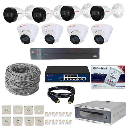 CP Plus 8 Channel NVR with 2MP IP 4 Audio Bullet CP-UNC-TA21PL3C & 4 Audio Dome Cameras CP-UNC-DA21PL3C + 4 TB HDD + 2 Roll Cat6 100 meter Cable + 8 Port POE Switch + 2U Rack + 3M HDMI Cable + Junction Box 8 Pc & RJ45 16 Pc Full Combo Kit