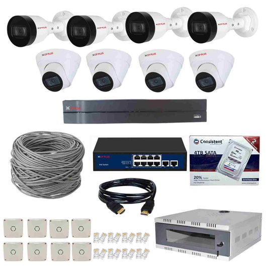 CP Plus 8 Channel NVR with 2MP IP 4 Audio Bullet CP-UNC-TA21PL3C & 4 Audio Dome Cameras CP-UNC-DA21PL3C + 4 TB HDD + 2 Roll Cat6 100 meter Cable + 8 Port POE Switch + 2U Rack + 3M HDMI Cable + Junction Box 8 Pc & RJ45 16 Pc Full Combo Kit